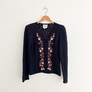 Vintage Susan Bristol Hand Embroidered Floral Knit Cardigan Navy Size Small